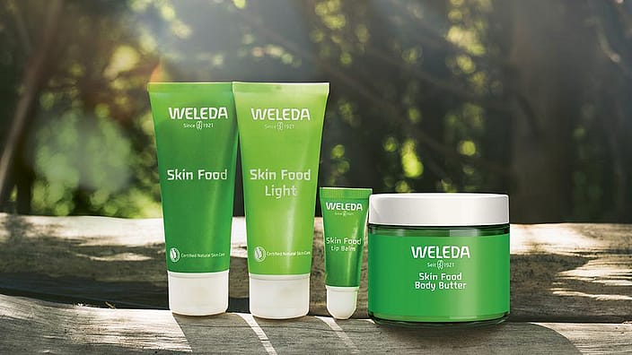 skin food items on a wood table outdoors
