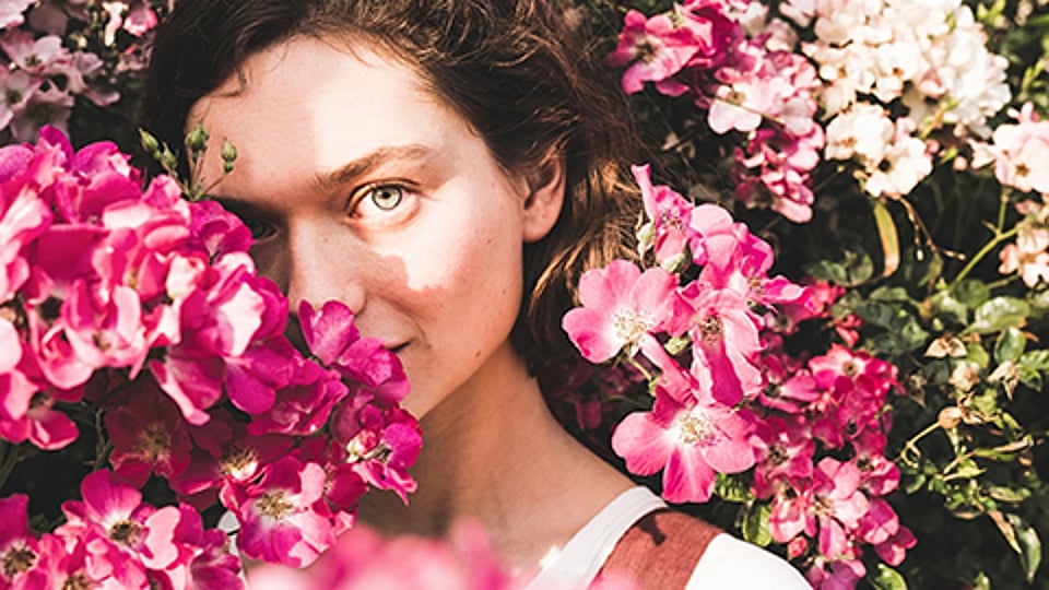 Woman with pink flowers