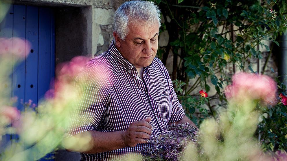 woman looking at flowers